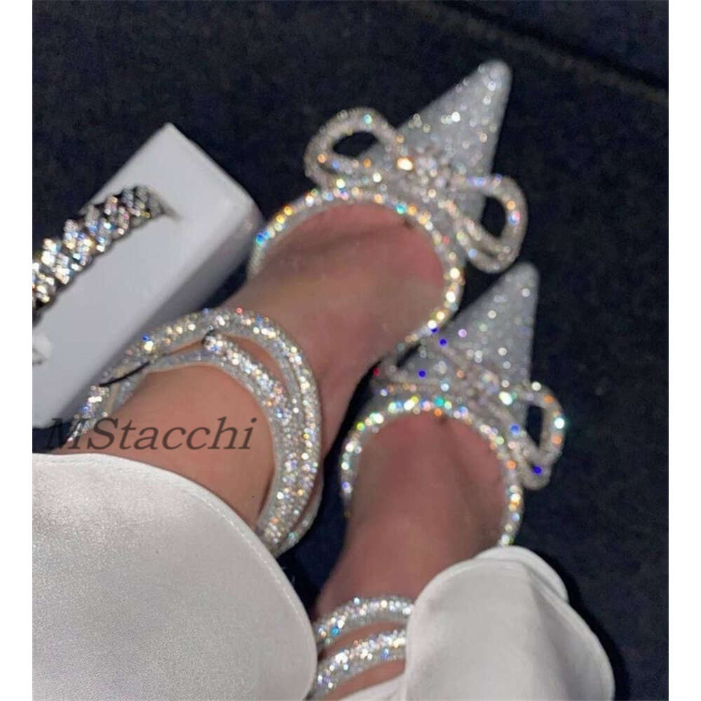 Glitter Rhinestones Women Pumps Crystal Bowknot Satin Sandals 2023 Summer Transparent High Heels Party Prom Designer Shoes