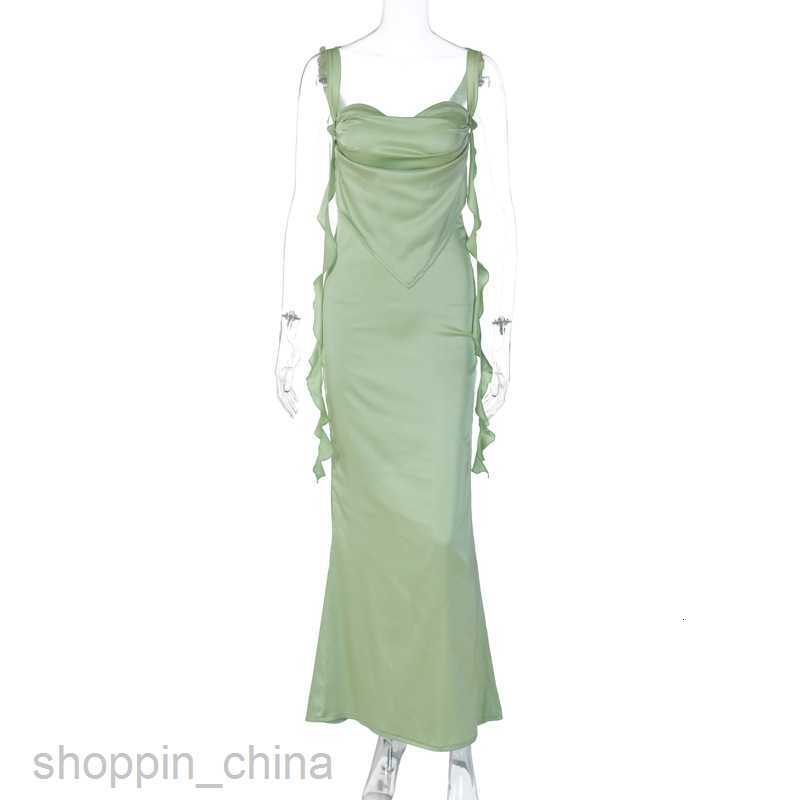 Basic Casual Women Dresses Summer New Internet Celebrity Same Style Lace Hanging Strap Open Back Dress Fashionable Ruffle Edge Flowing Strap Long Dres