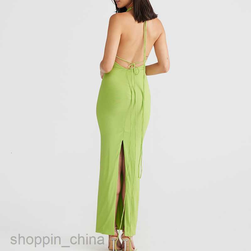 Basic Casual Dresses style fashionable new solid color sexy backless hollowed out neck hanging waist long slit dress for women's clothing