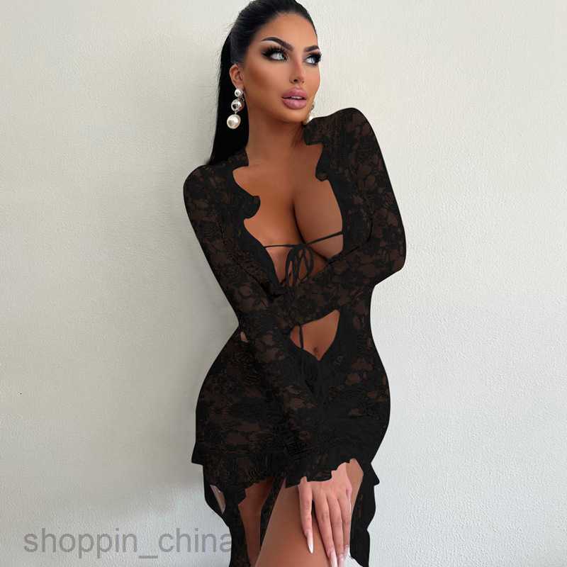 Basic Casual Women Dresses Summer Sexy Spicy Girl Lace Perspective Deep V-neck Slim Wrap Hip Dress