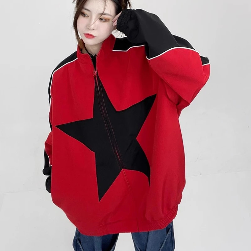 Vintage Bomber Jackets Men Woman Patchwork Star Pattern Loose Varsity Coats Y2k Harajuku Spring Hip Hop Baseball Uniform Outwear 240530
