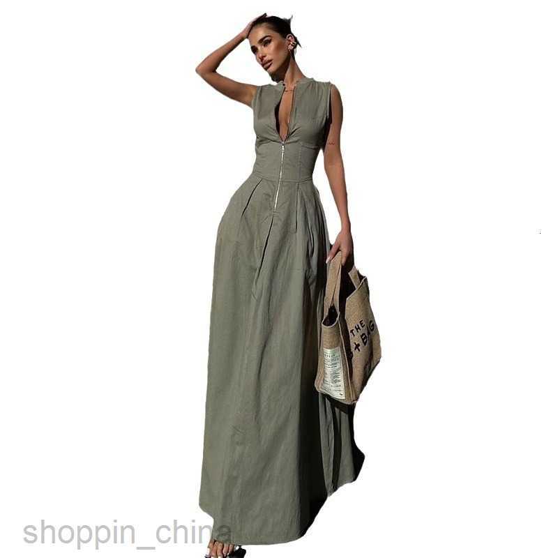 Designer Summer New Style Zipper Waist Pocket Long Solid Color Sleeveless Dress G05
