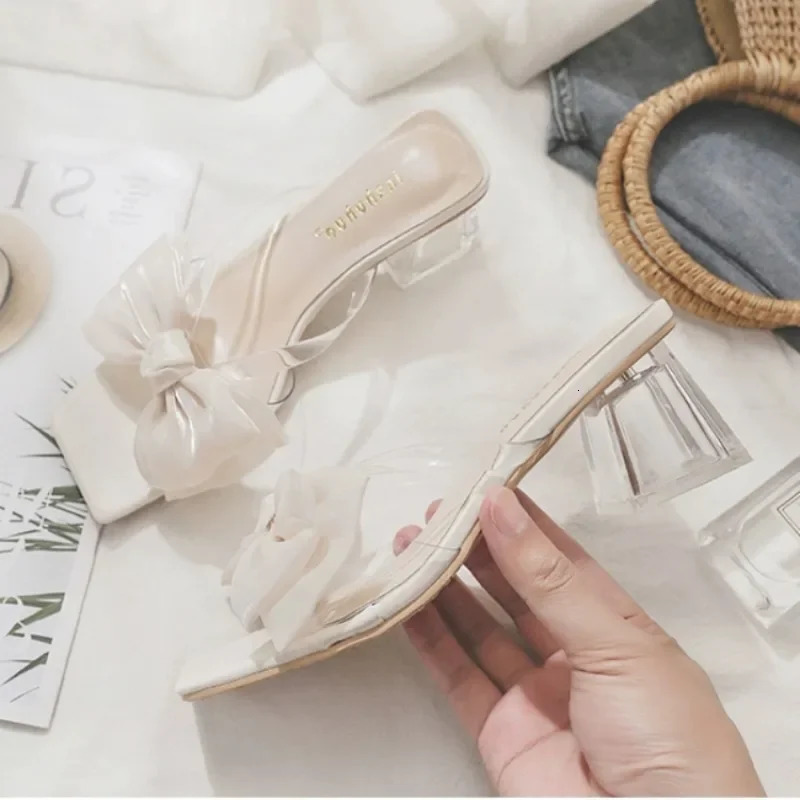 Pink Sandal Slippers Women Shoes 2024 Summer Square Open Toe Bow Fashion Female Slipper Chunky Heel Outside Wear Slides Shoes 240613