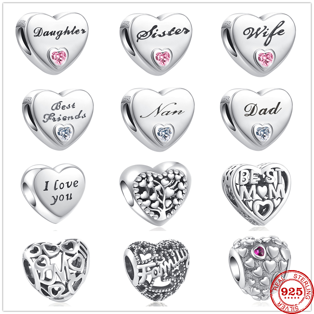 Heart Shape 925 Sterling Silver Daughter Sister Dad Nan Wife Mom Beads Fit Original Charms Pendant Bracelet Bead DIY Jewelry