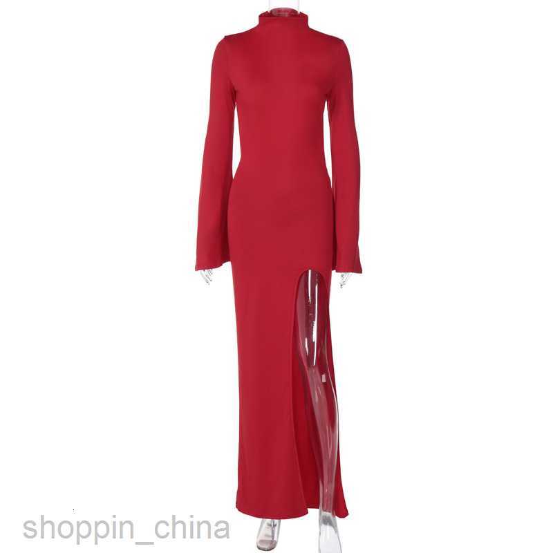 Basic Casual Dresses Feng Spring Women's New Flare Sleeves Sexy Open Back Split Long Dress Slim Fit Dress