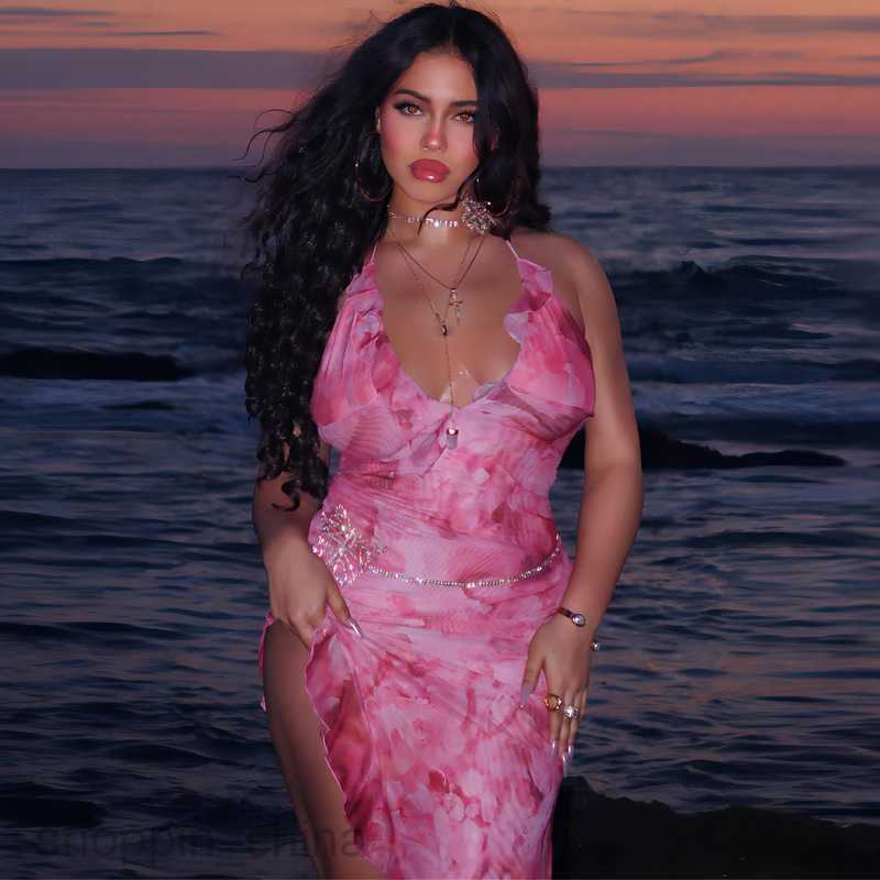 Basic Casual Women Dresses New Printed Women's Sexy V-Neck Open Back Hanging Neck Panel Mesh Wood Ear Edge Dress