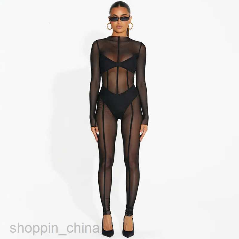 Basic Casual Women Dresses Wind Long sleeved Mesh Pants Summer New Women's Sexy Perspective jumpsuit