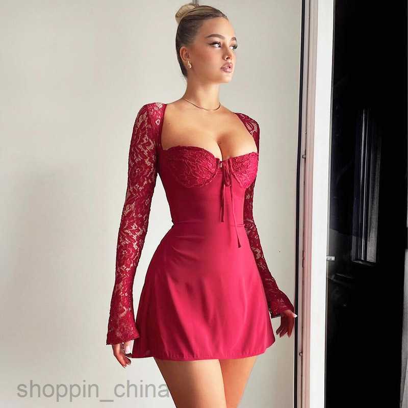 Basic Casual Women Dresses women's clothing sexy chest wrap close fitting patchwork lace long sleeved lace up hanging neck sexy short dress