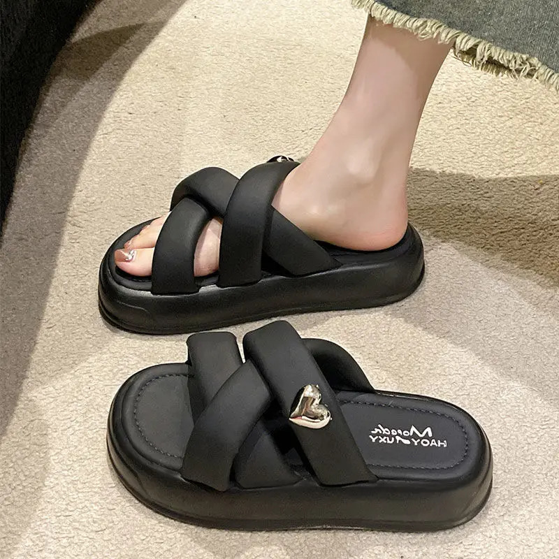 Summer Pink Chunky Platform Slippers Women Thick Bottom Wedge Heels Versatile Sandals for Woman Non Slip Outdoor 240613