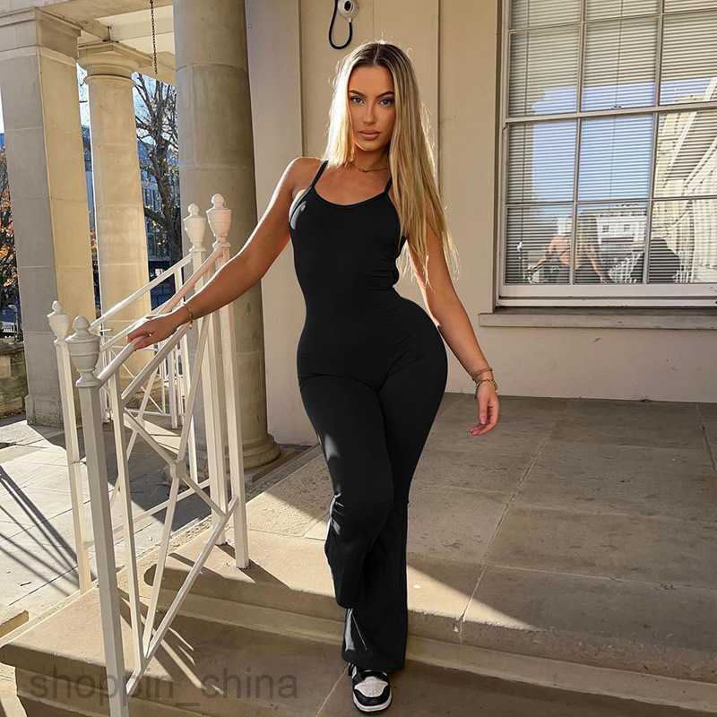 Women Jumpsuits Rompers Women's 2024 spring new solid color suspender backless wide leg flared pants sports yoga jumpsuit