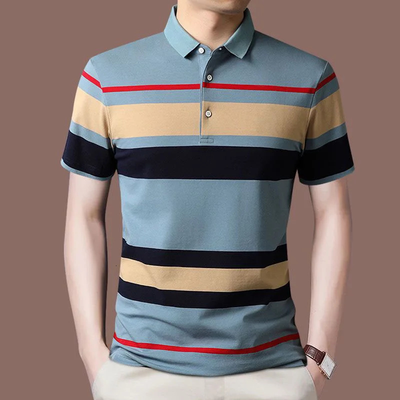 Fashion Men Summer Striped Polo Shirts Short Sleeve Button Knit Lapel Pullover Business Casual Mens Loose Clothing Top y240603