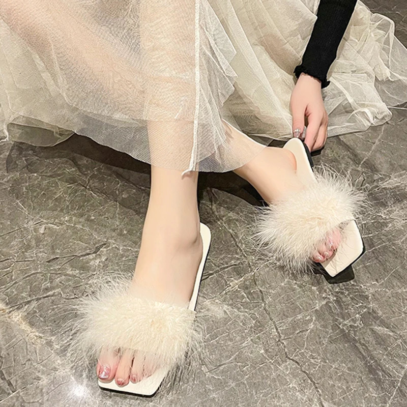 Lucyever Blue Summer Flat Fur Slipper Women Soft Bottom Non Slip Slides Shoes Woman Fashion Square Toe Fluffy Slippers 240612