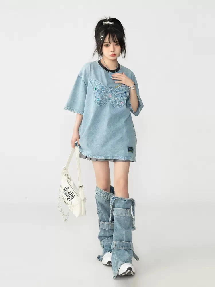 REDDACHiC Acubi Fashion Belt Blue Leg Warmers Womens Gaiter Denim Bandage Y2k Cuffs Boots Cover Thigh-long Socks Topper Legging 240613