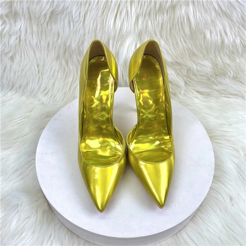 patent leather gold high-heeled shoes 12CM pointed thin heel sexy single shoes side empty wedding pumps 240612