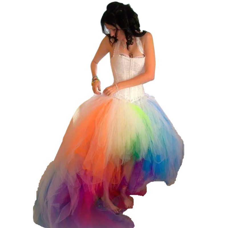 Rainbow High Low A-Line Wedding Dresses Halter Corset Boho Beach Wedding Gowns Colorful Tulle Country Bridal Dress 2024 Summer