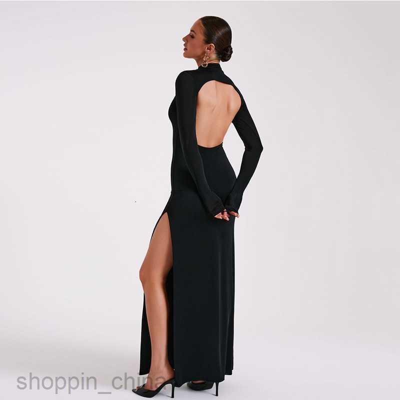 Basic Casual Dresses Feng Spring New Women's Long sleeved necked Sexy Open Back Split Long Dress Fashion Dress