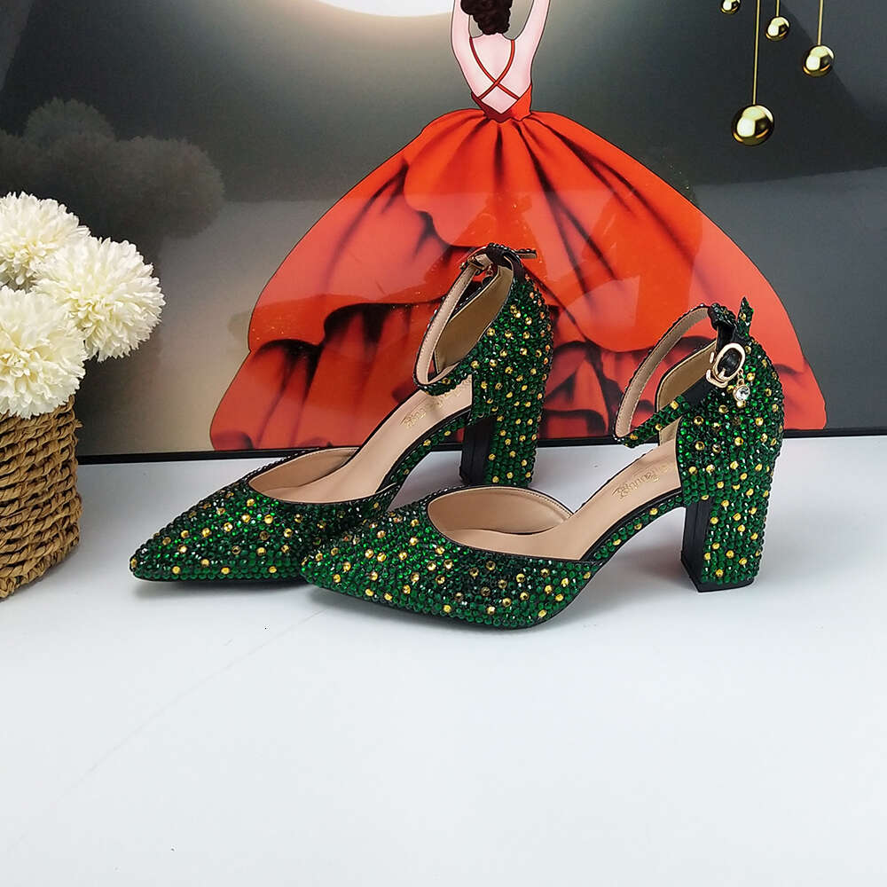 Green Crystal Bridal Wedding And Bag Woman Thin Heel High Pumps Party Evening Shoes Shallow Ankle Strap Buckle Shoe