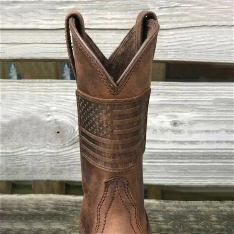 Men Square Toe Thick Heel Mid-Tube Knight Retro Distressed Western Vintage Flag Shoes Leather Boots EU38-45