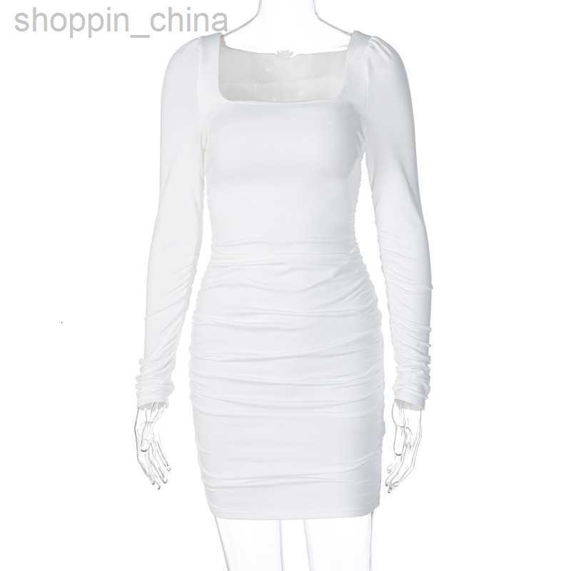 Basic Casual Dresses New women's clothing spring square neckline pleated brushed long sleeved sexy slim fit dress