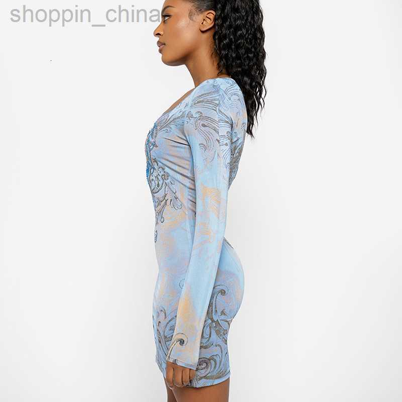 Basic Casual Dresses Women's Spring New Fashionable and Beautiful Print Shining Diamond Long Sleeve Wrapped Hip Dress for Women