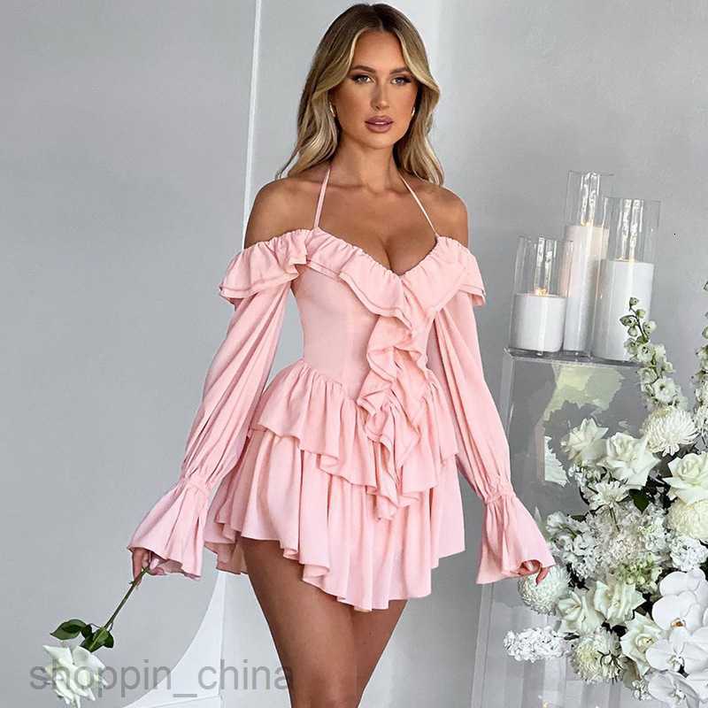 Basic Casual Women Dresses Wind Women's Summer New Sexy Hanging Neck Low cut Ruffled Edge Long sleeved jumpsuit shorts