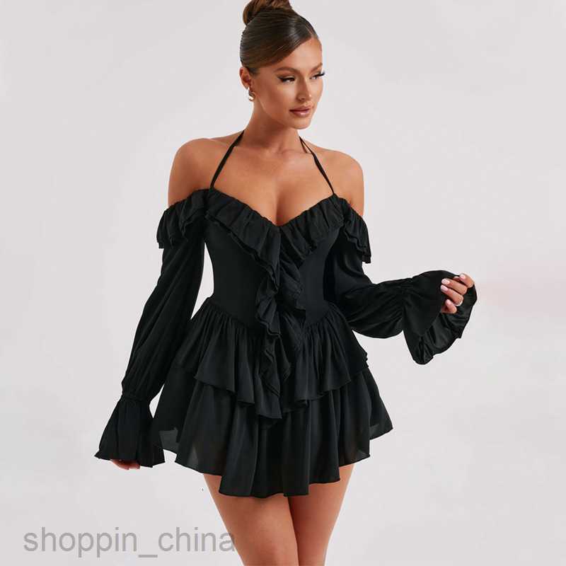 Basic Casual Women Dresses Wind Women's Summer New Sexy Hanging Neck Low cut Ruffled Edge Long sleeved jumpsuit shorts