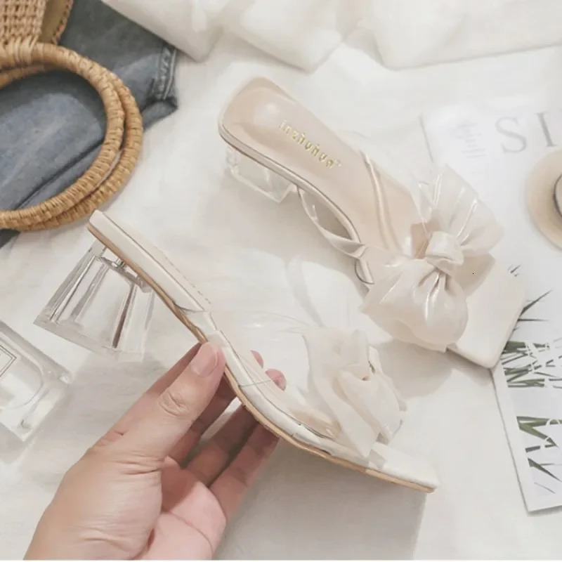 Pink Sandal Slippers Women Shoes 2024 Summer Square Open Toe Bow Fashion Female Slipper Chunky Heel Outside Wear Slides Shoes 240613