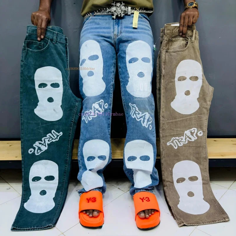 Y2k American Retro Jeans Men Women Ins Net Red Gangster Handsome Straight Jeans Summer Loose Pattern Printing Couple Pants 240531