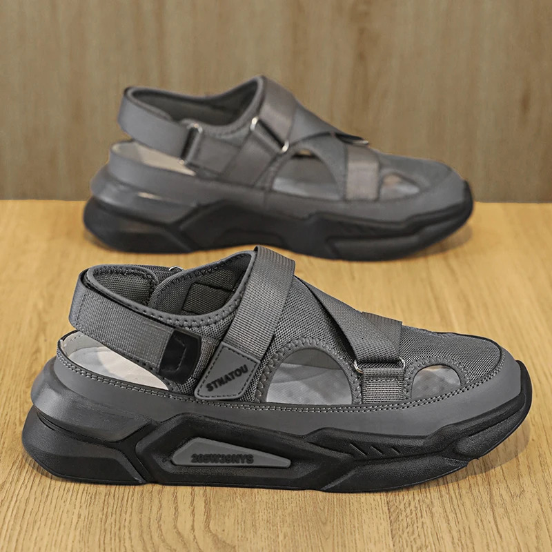 Hollow Slippers Mens 2024 Summer Baotou Slippers Male Shoes Casual Lace Up Canvas Sports Color-block Sandal For Outside 240612