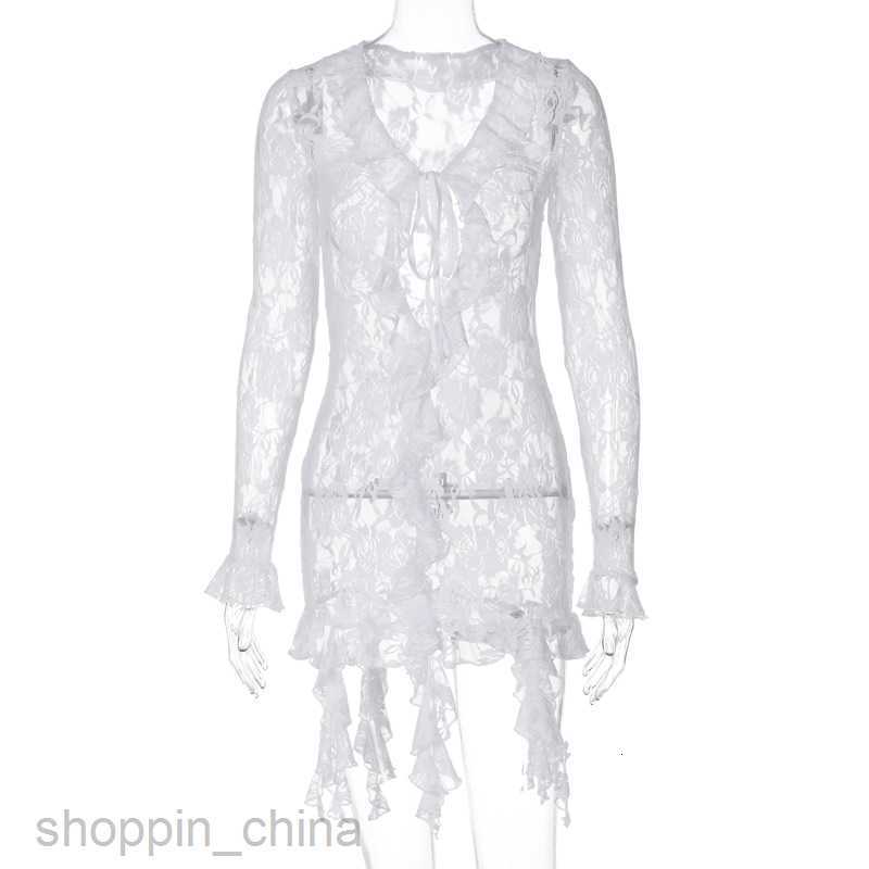 Basic Casual Women Dresses Summer Sexy Spicy Girl Lace Perspective Deep V-neck Slim Wrap Hip Dress