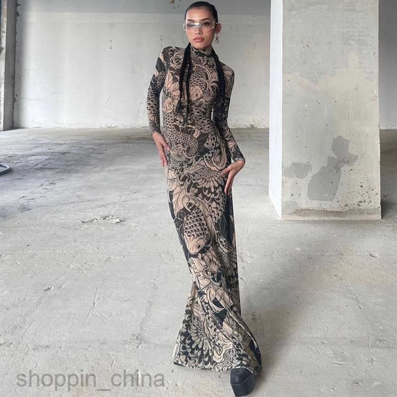 Basic Casual Dresses Women's Summer New Fashion Mesh Print Perspective Neck Slim Fit Dress for Women