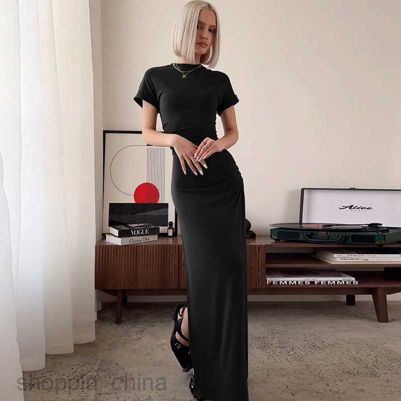 Basic Casual Dresses fashion solid color short sleeved long slim fitting street style versatile double layered slit dress