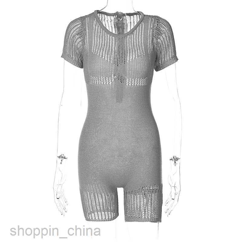 Women's Jumpsuits Rompers Feng Summer Women's New Zipper Sexy Hollow Tight Lifting Hip Knitted jumpsuit shorts for women