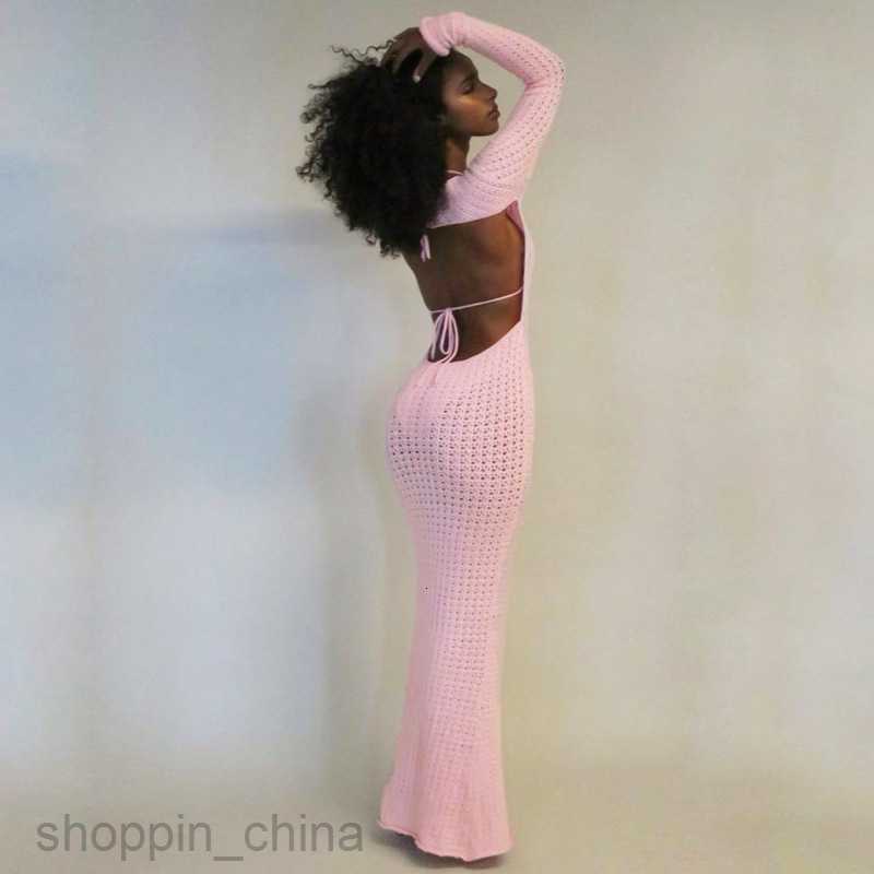 Basic Casual Dresses Spring New Woven Sexy Hollow Open Back Mesh Hole Long Sleeve Pure Desire Style Long Dress