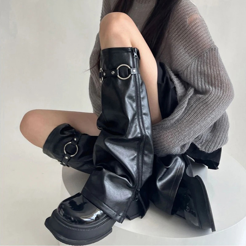 REDDACHiC Goth Zip-up Womens Leg Warmers with Calf Leg Ring Faux Leather Boots Covers Knee Long Socks Vintage Y2k Streetwear 240613