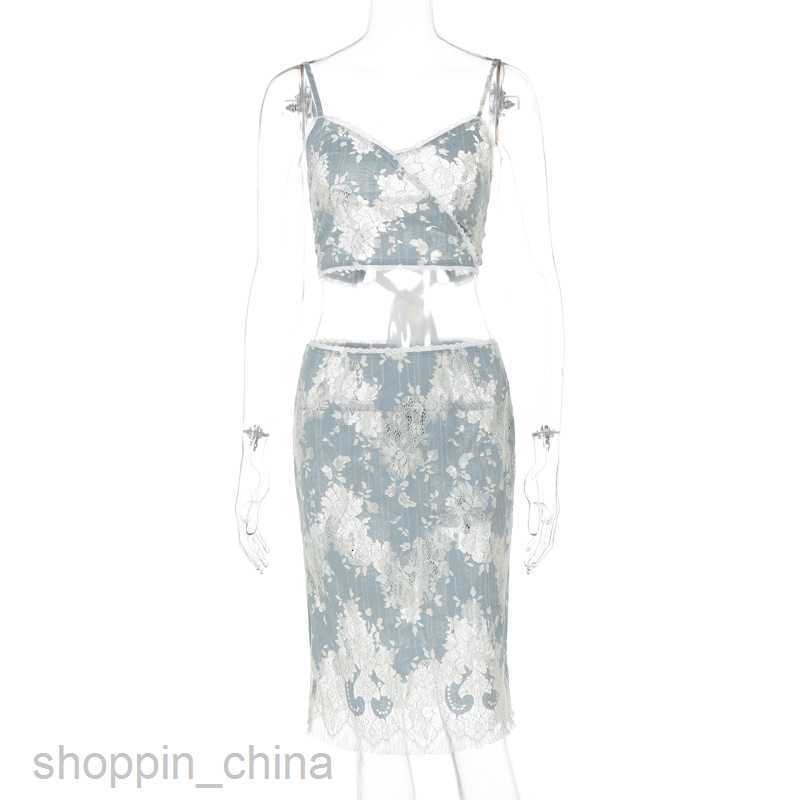 Two Piece Dress Sets Summer Sweet and Sexy V-Hollow Open Back Lace Strap Hanging Strap Wrap Hip Perspective Lace Edge Long Skirt Set for Women