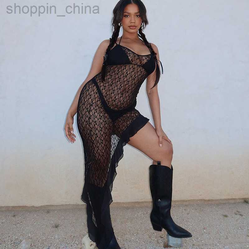 Basic Casual Dresses new sexy lace perspective solid color diagonal skirt patchwork ruffle edge suspender dress for women