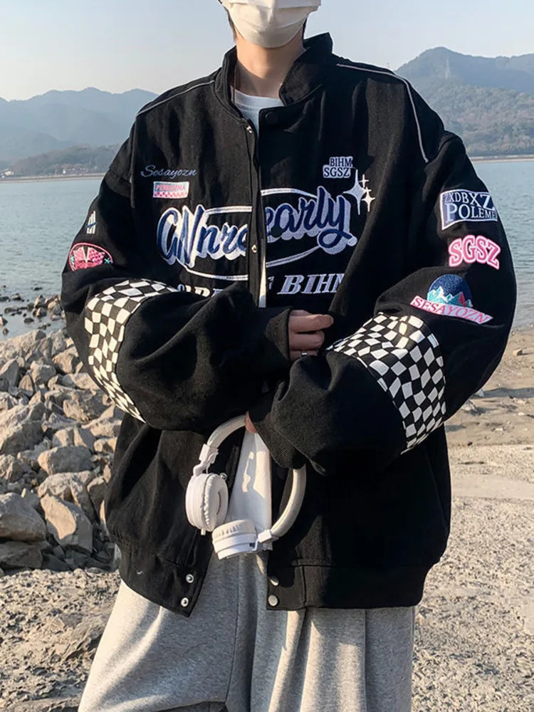 Embroidery Fashion Streetwear Racer Jackets Men Women Y2K HipHop Motorcycle Plaid Vintage Bomber Harajuku Autumn Jackets Coat 240530