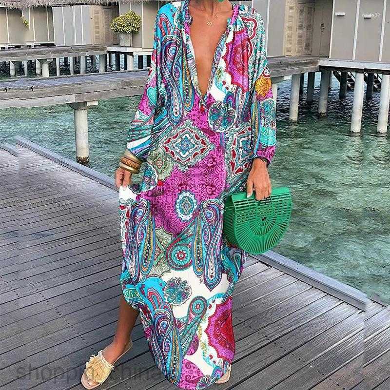 Casual Dresses Women Print Loose Beach Elegant Retro Harajuku V-Neck Maxi Dress Sexy Long Sleeve Oversized S02