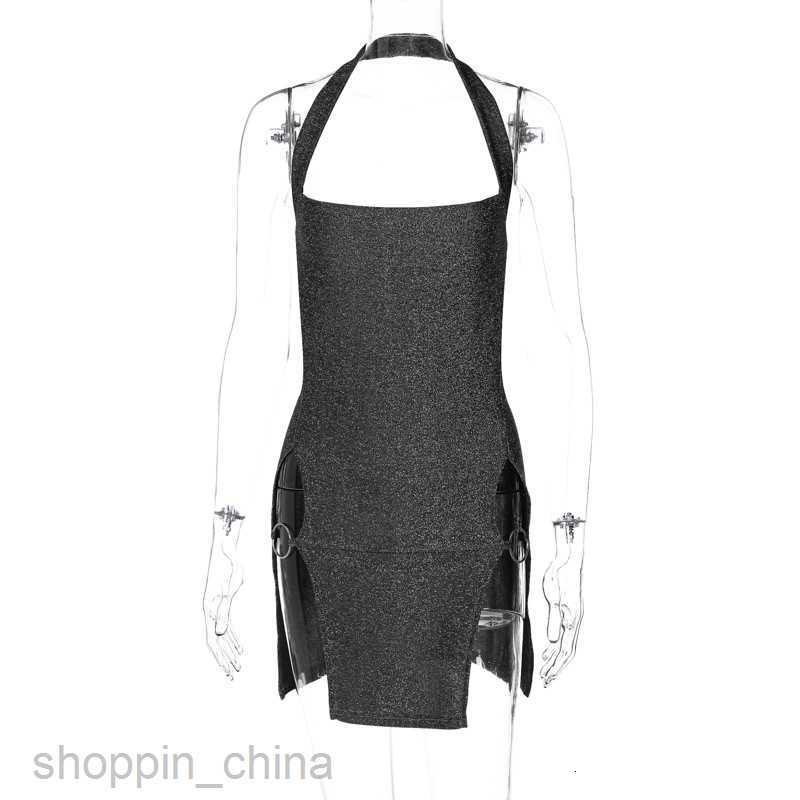 Basic Casual Women Dresses Sexy Spicy Girl Style Short Skirt Spring/Summer Women's New Hanging Neck Split Bright Silk Wrapped Hip Dress