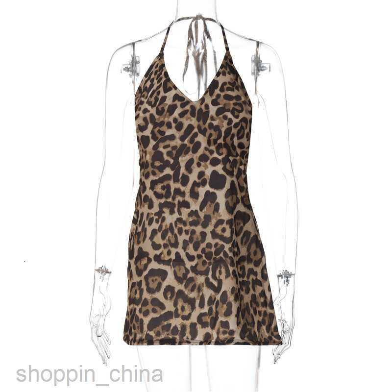 Basic Casual Dresses Summer Spicy Girl Leopard Pattern Sexy Backless Hanging Neck V-neck Perspective Pure Desire Style Short Dress for Women
