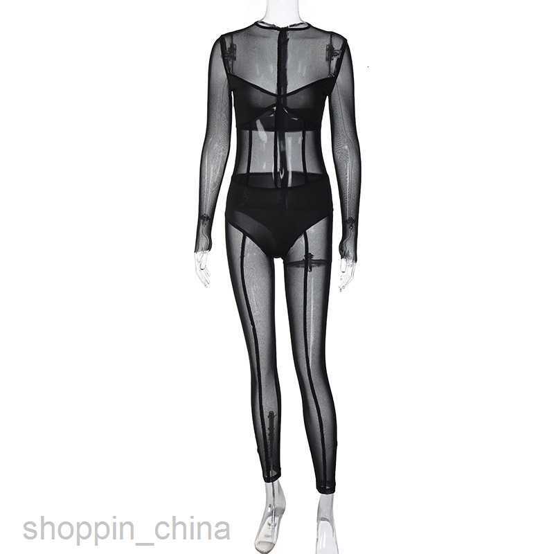 Basic Casual Women Dresses Wind Long sleeved Mesh Pants Summer New Women's Sexy Perspective jumpsuit