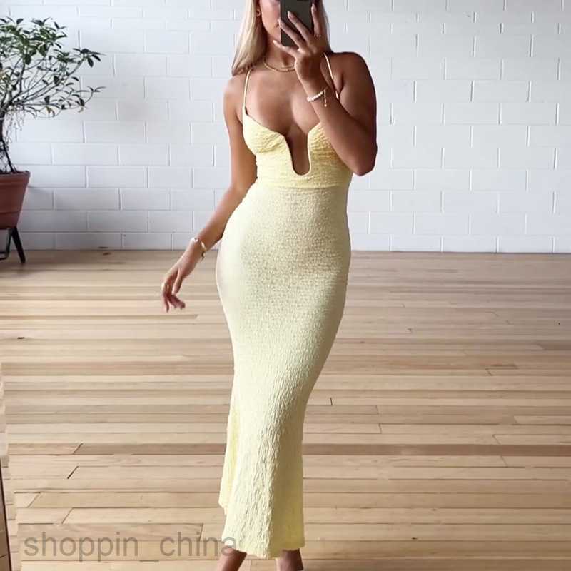 Basic Casual Dresses New Solid Color Sexy U-Neck Steel Ring Back Hollow Spliced Lace up Middle Style Hanging Strap Dress