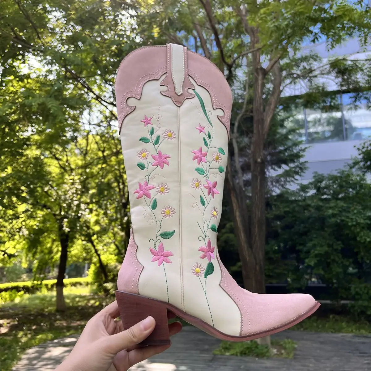 Embroider Santiag Spring White Pink Pointed Toe Texana Women Western Cow Ankle Boots Ladies Shoes On Offer Women Boots 240612