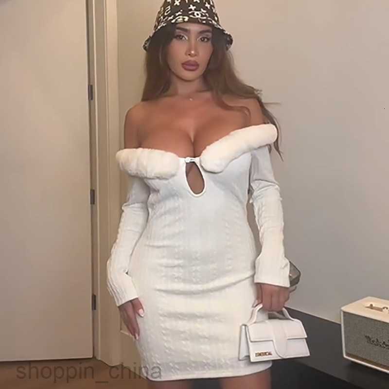 Basic Casual Dresses sexy one line shoulder fur collar long sleeved temperament close fitting short buttocks wrapped dress for women clothing Shirt Dr