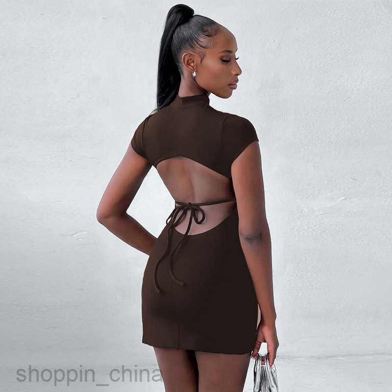 Basic Casual Dresses Split Dress Summer New Short Sleeve Neck Sexy Open Back Style Lace up Dress