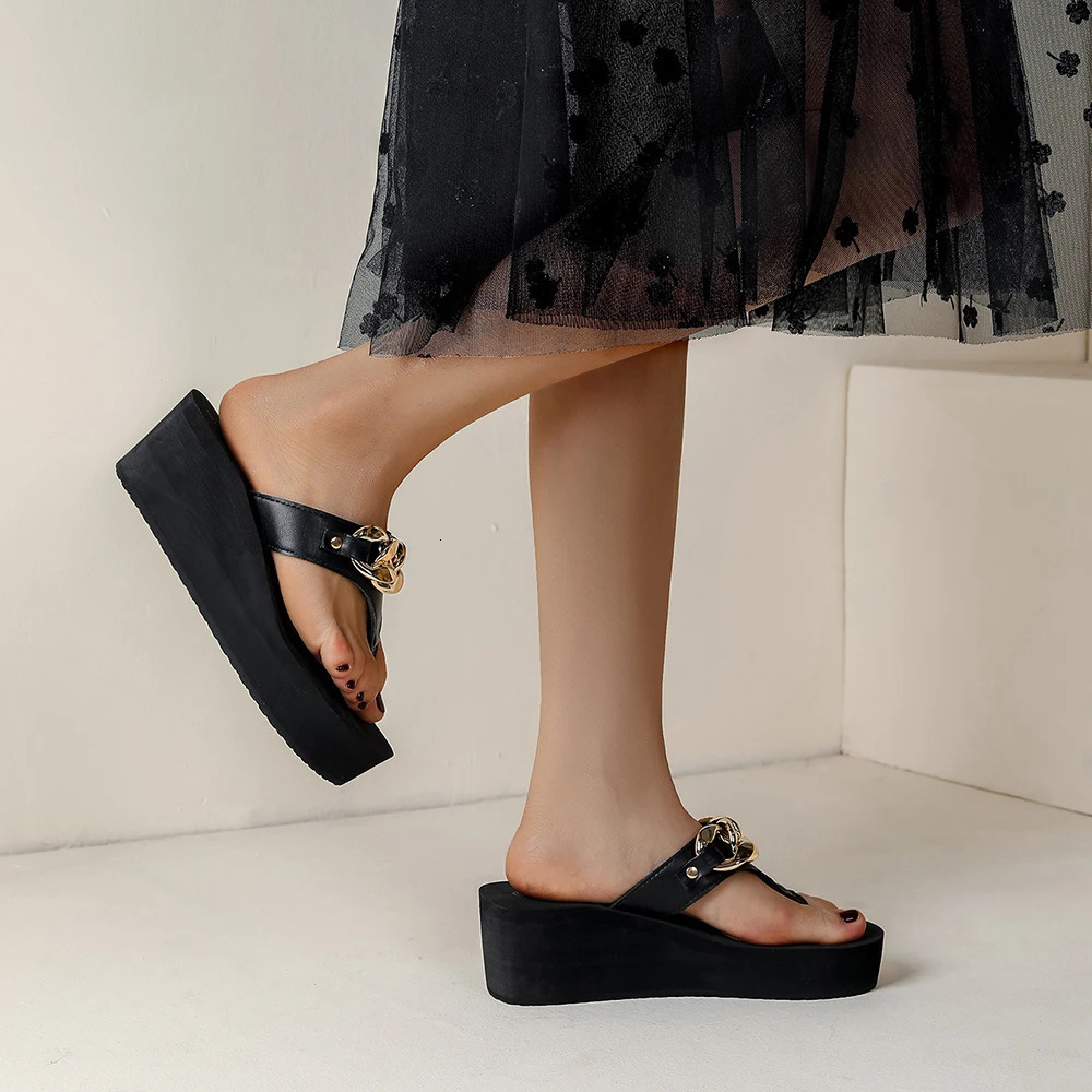 Women Summer Slippers Vacation Flip Flop 6cm Platform Sandals With Chain Charms Beach Non-Slip Slides Casual Outdoor Shoe Female 240613