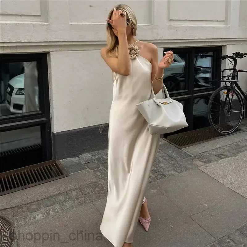 TRAF Flower Halter Dress Woman Shoulder Satin Long Women Backless Sexy Evening Dresses Summer Party For S02