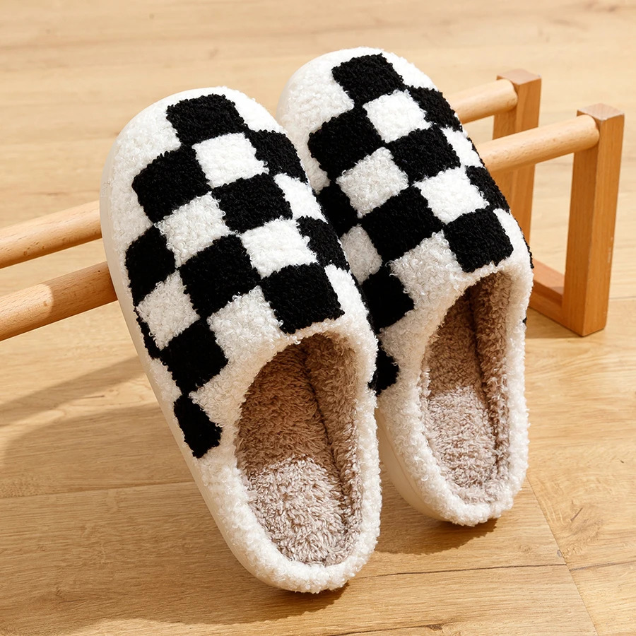 Fuzzy Slippers Fashion Checker Indoor Embroidery Houseshoes Cozy Woman Winter Fluffy House Retro Checkered Print Shoes 240612