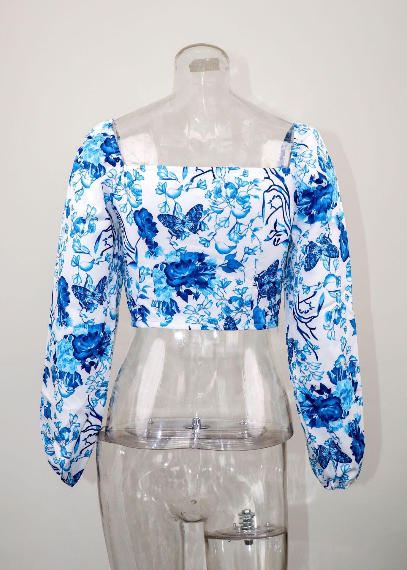 2024 autumn Chinese style blue and white square collar long-sleeved top sexy short shirt womens top women clothing